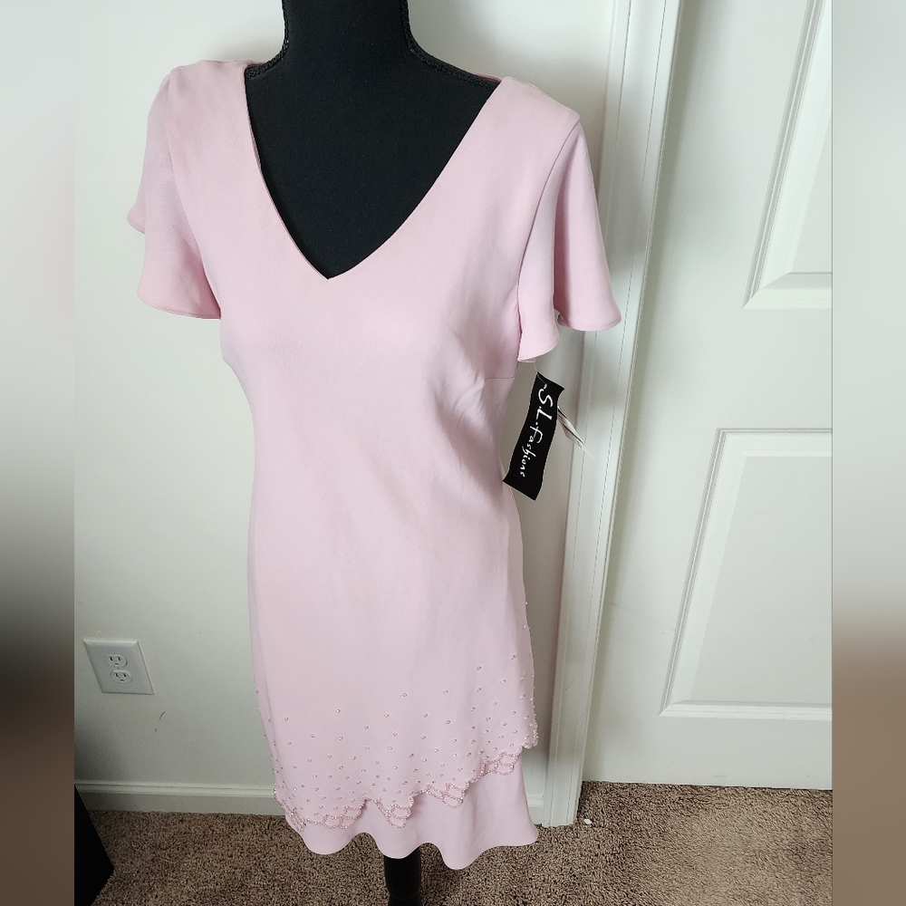 SL Fashions Womens Ruffle Beaded Dress Size 12 NWT Light Pink Coquette Chic